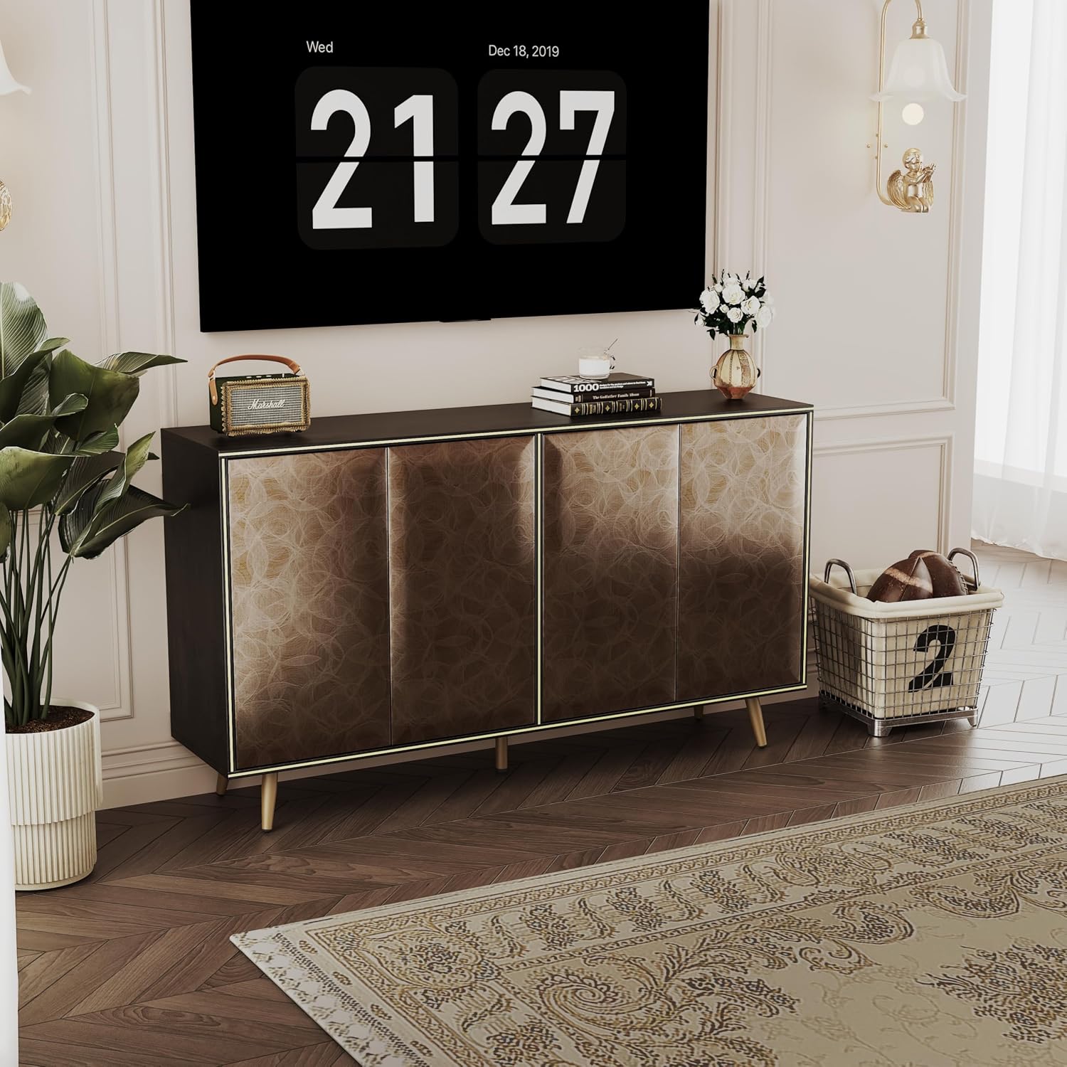 Sideboard Buffet Cabinet with Raised Shaped & Geometric Line Texture Door Panel, Accent Storage Cabinet for Living Room (Cabinet Body- Black Oak, 4 Door-15 D x 61" W x 34.5" H)