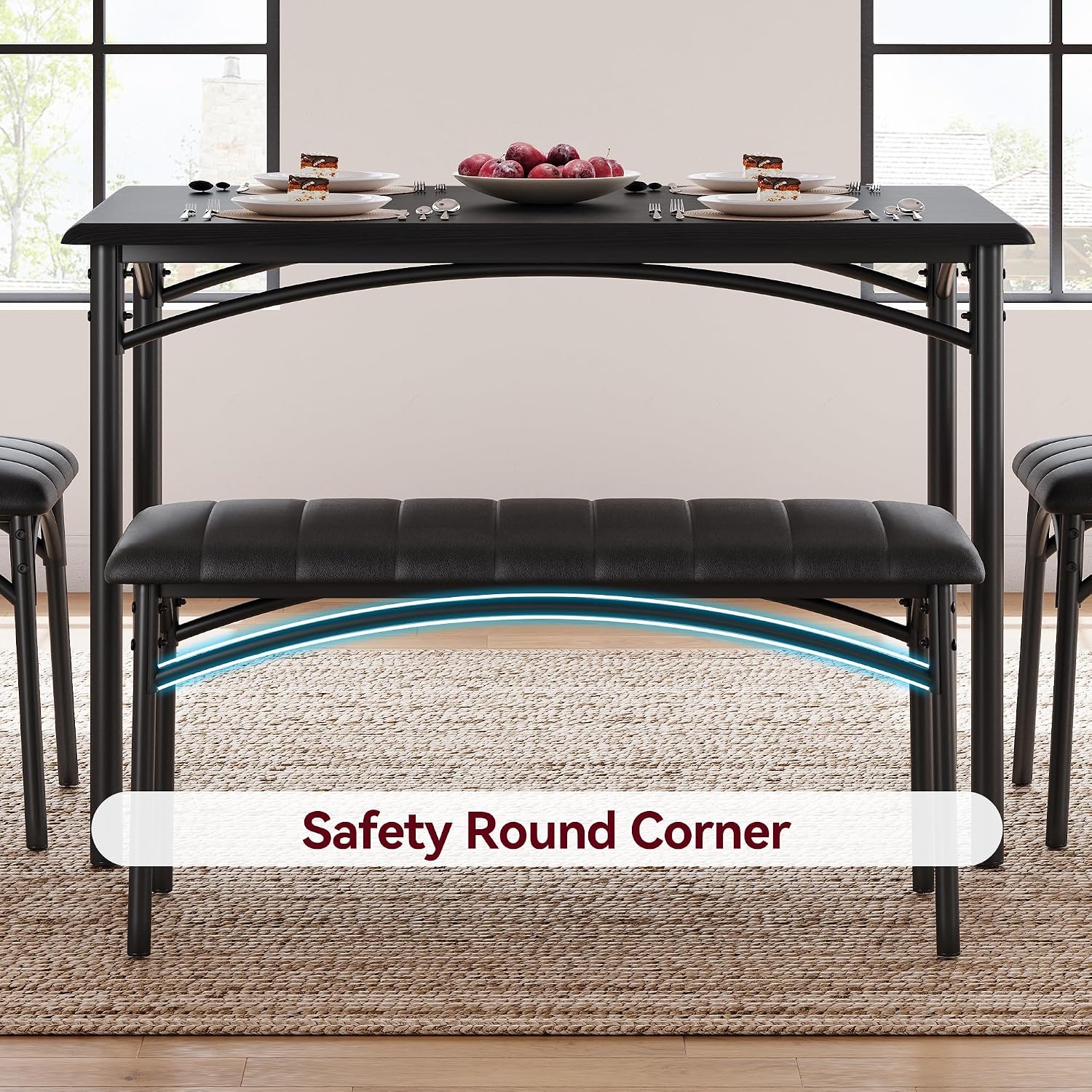 Dining Table Set for 4, Small Dining Table Set with Upholstered Bench and 2 Chairs, Kitchen Table and Chairs for 4, for Small Space, Apartment, Dinner, Rustic Black