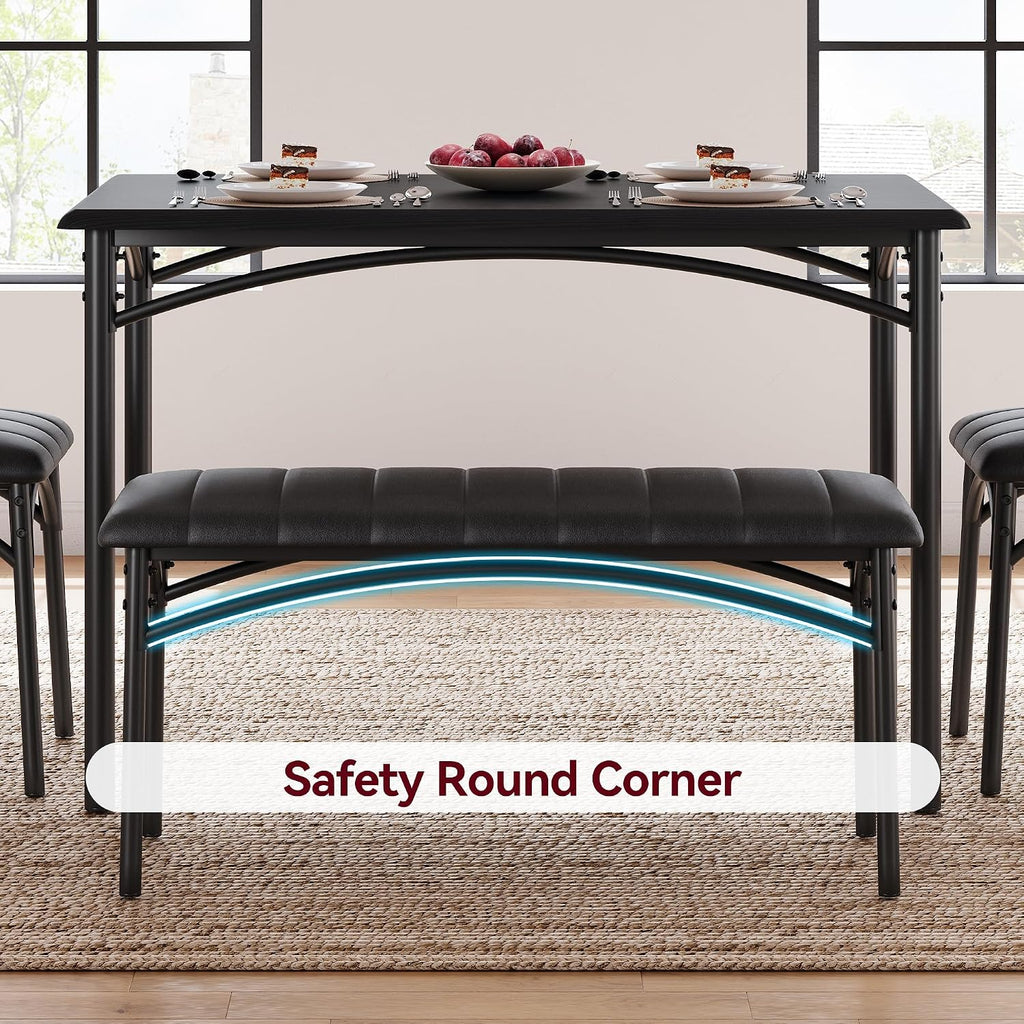 GarveeHome Dining Table Set for 4, Kitchen Table with Upholstered Chairs and Bench, Wood Rectangular Dining Table and Chairs Set for Small Space, Apartment, Dinner, Rustic Black
