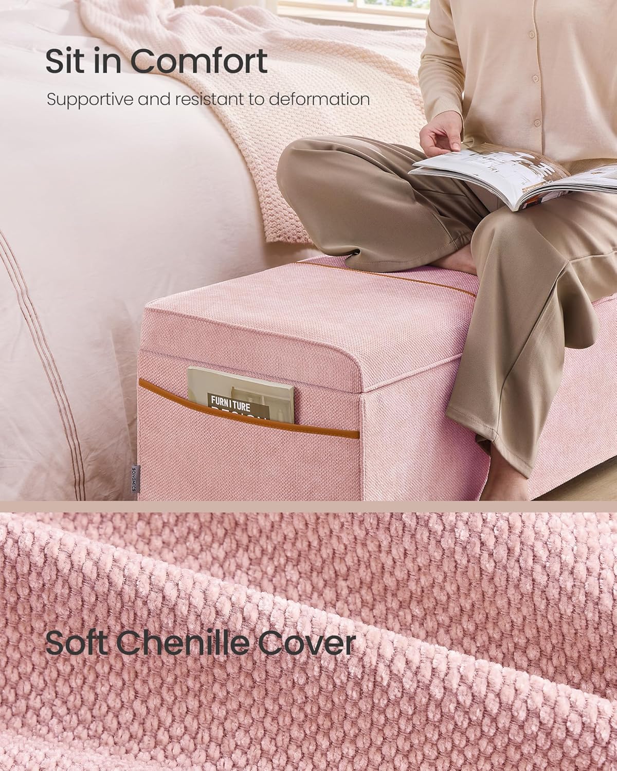 SONGMICS Storage Ottoman, 15.8 x 43.3 x 15.8 Inches, 27 Gal. (103 L) | Bench with Legs, Chenille Fabric, for Living Room, Entryway, Pink, RYEN Collection ULSF533R01