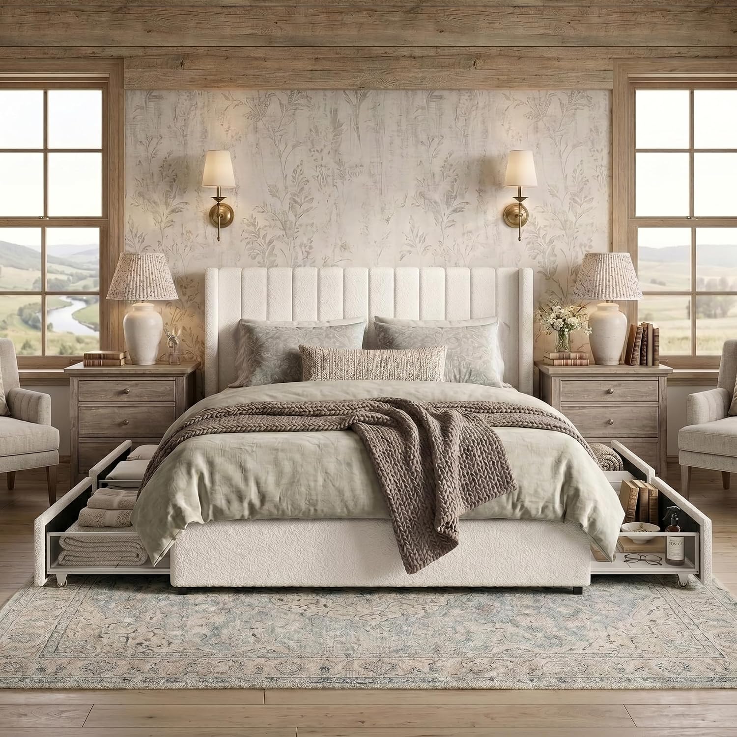 Queen Size Storage Bed Frame with 4 Drawers, Ivory Boucle Upholstered Platform Bed, Vertical Channel Tufted Headboard, Metal Frame Support, No Box Spring Needed