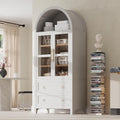 Merax 71" Tall Arched Farmhouse Pantry Cabinet with Glass Doors & 2 Large Drawers - Adjustable Shelves, Modern Kitchen Storage Cupboard for Dining Room, Living Room (30" W x 15.75" D), White