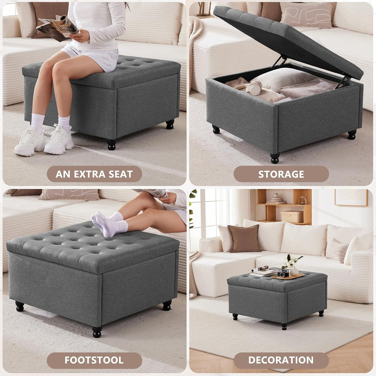 30" Large Square Ottoman with Storage, Fabric Ottoman Coffee Table, Grey | Tufted Upholstered Ottoman for Living Room, Oversized Square Storage Ottoman for Bedroom and Entryway, Solid Wood Frame