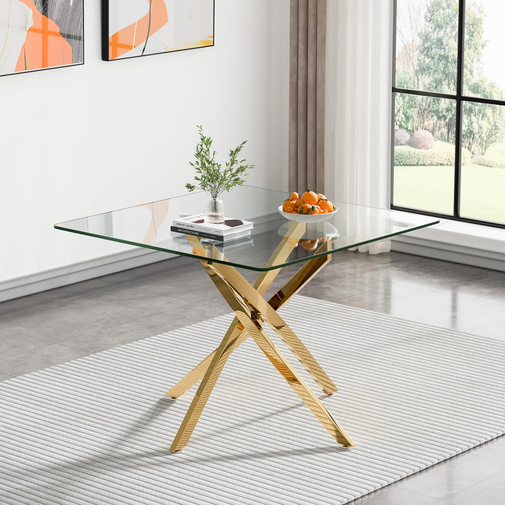 Square Dining Table for 4, 36 Inch Glass Kitchen Table with Gold X Metal Legs, Modern Tempered Glass Dinner Room Table for Small Space Dining Room Kitchen Restaurant