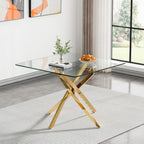 Square Dining Table for 4, 36 Inch Glass Kitchen Table with Gold X Metal Legs, Modern Tempered Glass Dinner Room Table for Small Space Dining Room Kitchen Restaurant