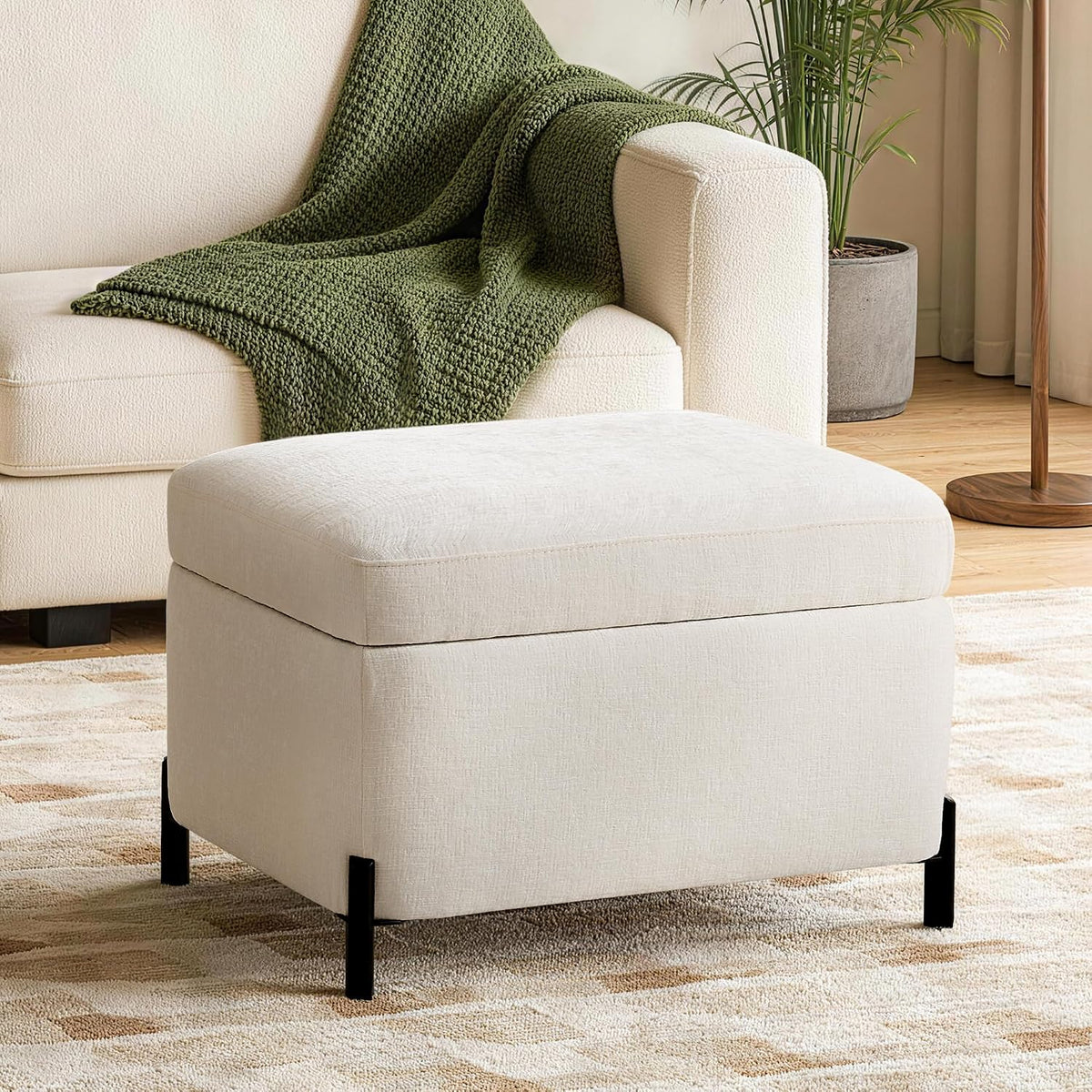 Zihanhome Chenille Storage Ottoman with Lift-Top Lid, Upholstered Ottoman Bench & Foot Rest, Hidden Storage Footstool with Matte Black Metal Legs for Living Room, Bedroom, Entryway (White)