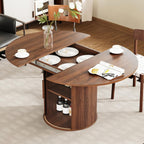 weselon 43"-59" Extendable Round to Oval Dining Table with Hidden Storage, Modern Wooden Kitchen Table with Fluted Sliding Door Cabinet, Expandable Dinner Table for Dining Room Living Room (Walnut)