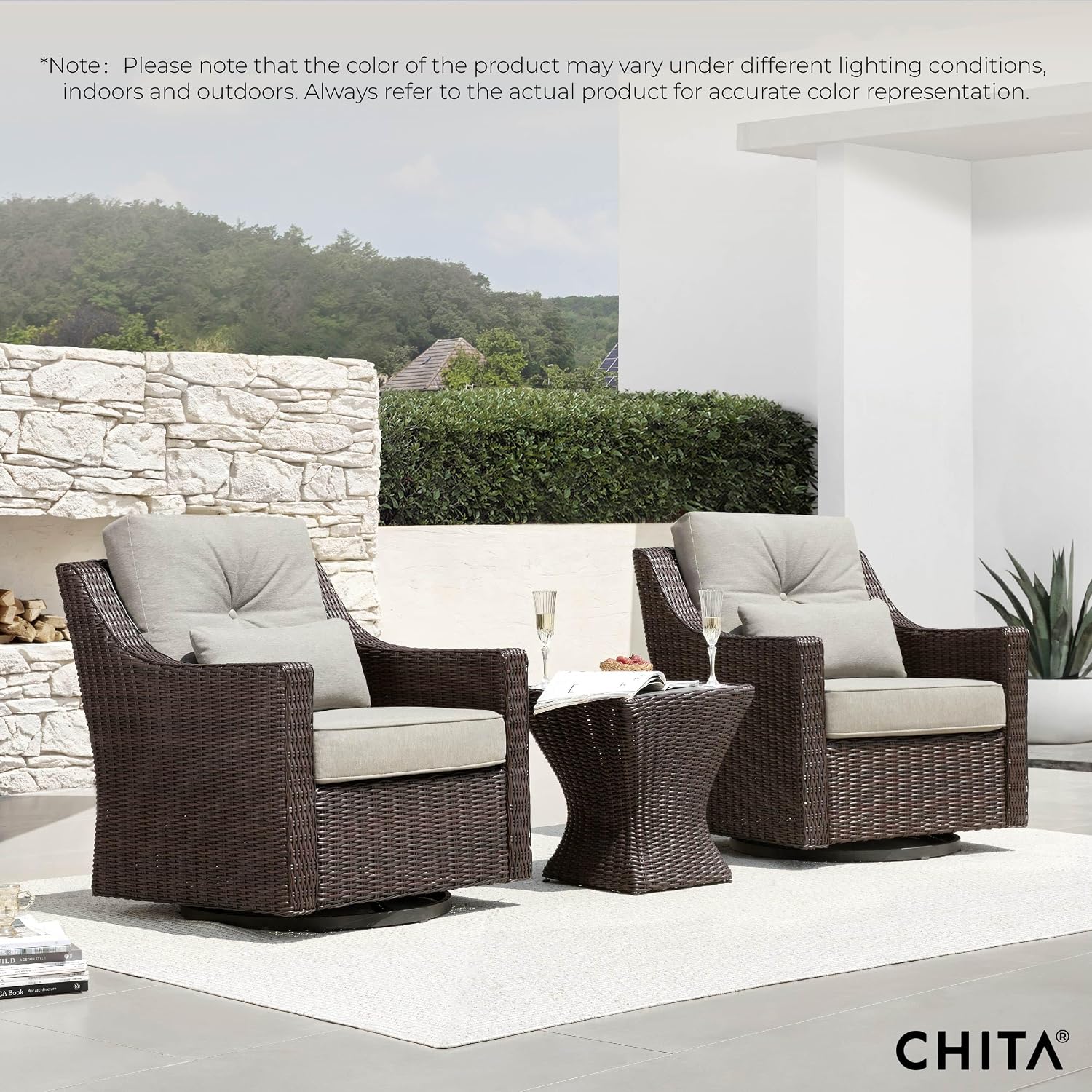 CHITA Patio Wicker Chair, 360° Rocking Swivel Outdoor Rattan Chair with Thickened Cushions for Backyard, Poolside, Garden or Porch