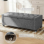 50” Ottoman Bench with Storage, Upholstered Fabric End of Bench for Bedroom, Load up to 660 lb, Fixed Base & Movable Swivel Wheels，Rectangular Tufted Entryway with Safety Hinge (Grey)