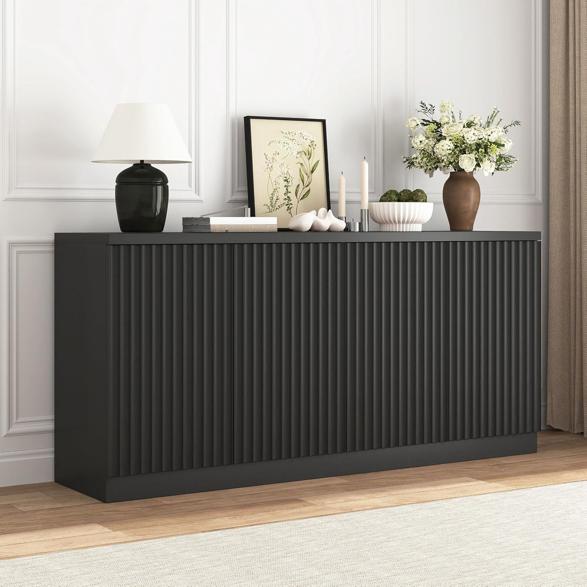 63" Fluted Buffet Cabinet Sideboard with Storage,Large Credenza with 4 Doors with Adjustable Shelves,Wood Mid Century Modern Sideboard for Kitchen, Living Room,Entryway(Black)