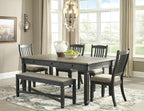 Signature Design by Ashley Tyler Creek Farmhouse Upholstered Dining Room Bench with Tapered Legs, Heavy Woven Fabric, Wood, 19.5" High Seat, Black & Gray