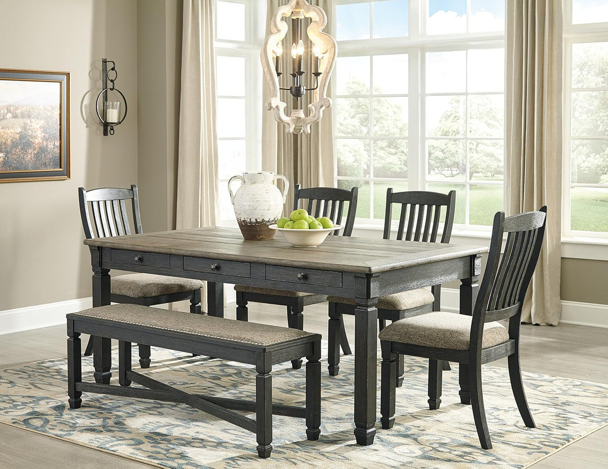 Signature Design by Ashley Tyler Creek Farmhouse Upholstered Dining Room Bench with Tapered Legs, Heavy Woven Fabric, Wood, 19.5" High Seat, Black & Gray