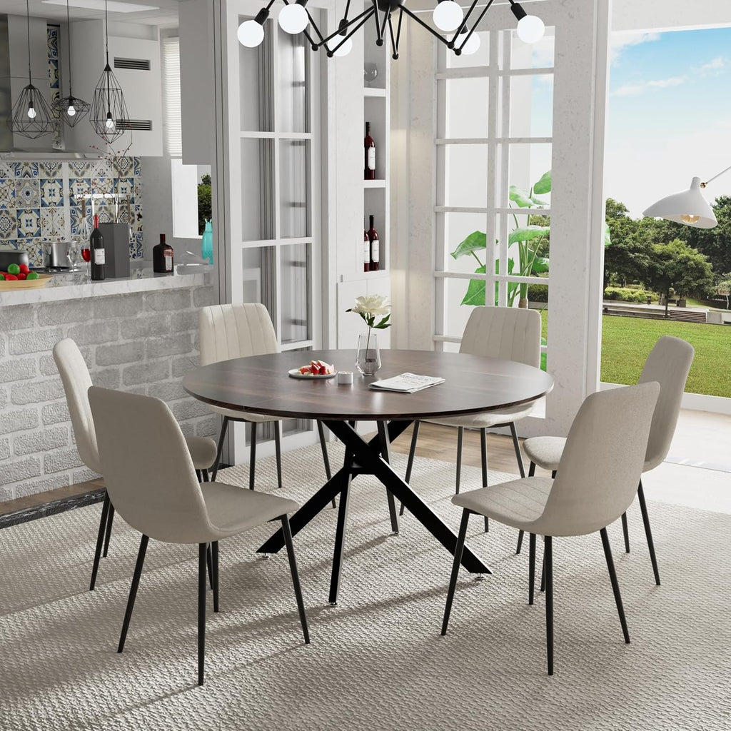 5 Piece Circle Dining Table Set for 6, 47 Inch Wood Dining Table & Cream Velvet Upholstered Chairs with Sturdy Black Metal Legs, Round Kitchen Table Set for Kitchen Dining Room, Living Room