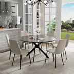5 Piece Circle Dining Table Set for 6, 47 Inch Wood Dining Table & Cream Velvet Upholstered Chairs with Sturdy Black Metal Legs, Round Kitchen Table Set for Kitchen Dining Room, Living Room