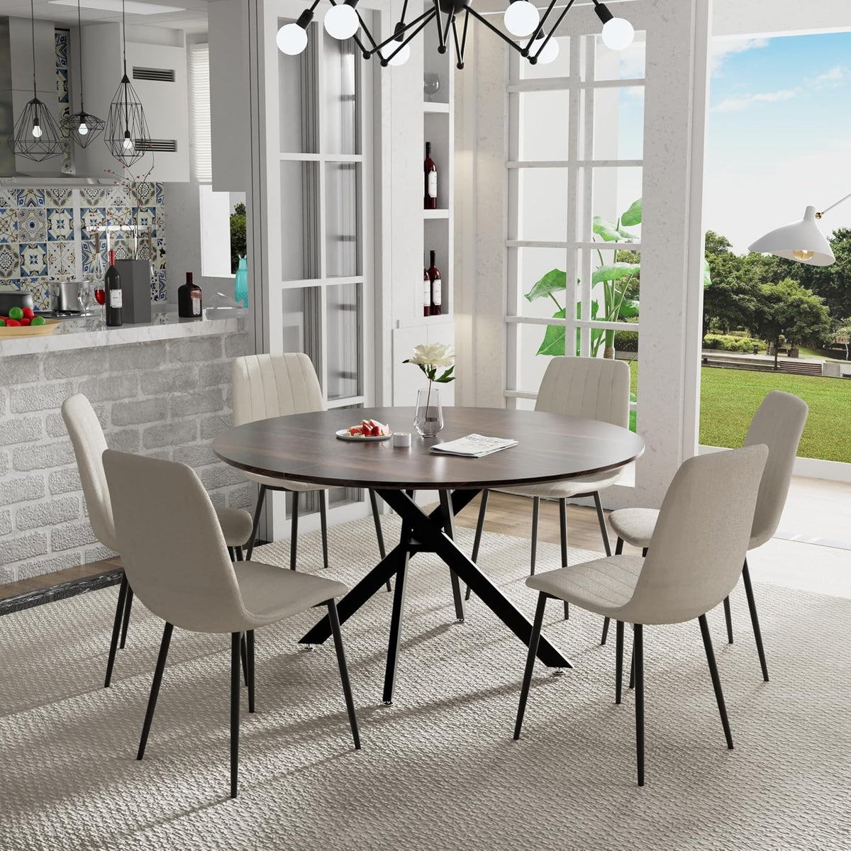 5 Piece Circle Dining Table Set for 6, 47 Inch Wood Dining Table & Cream Velvet Upholstered Chairs with Sturdy Black Metal Legs, Round Kitchen Table Set for Kitchen Dining Room, Living Room