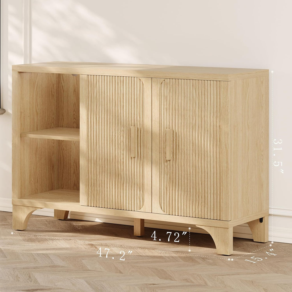 Mid Century Modern Fluted Buffet Cabinet with Storage, Accent Sideboard and Credenza Storage Cabinet with Doors, Wood Coffee Bar Console for Kitchen, Living Room (Oak, 47" 2-Door)
