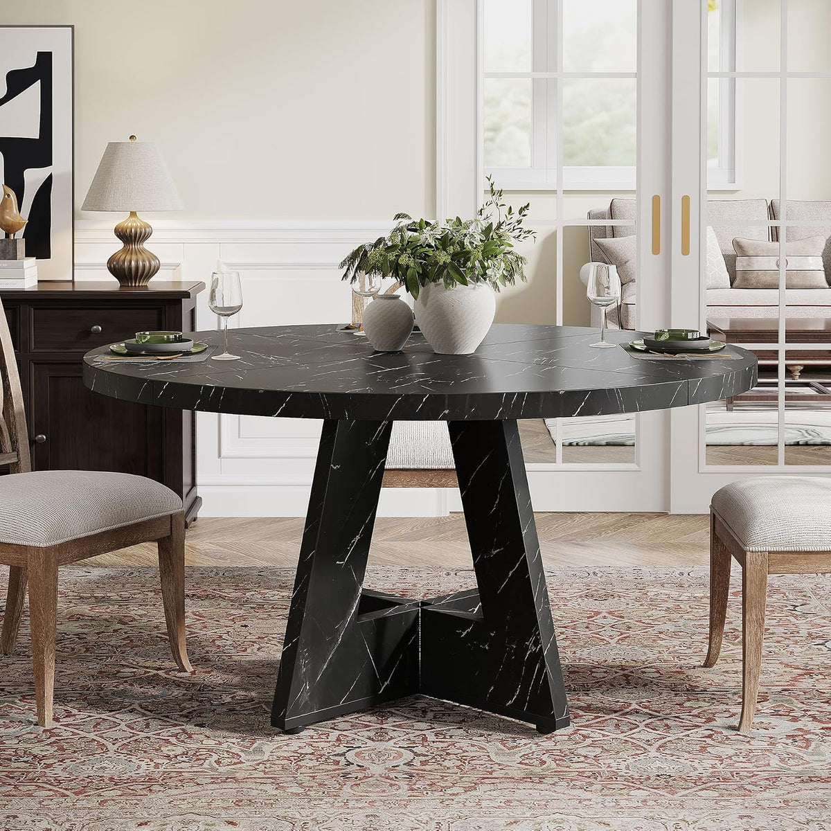 Tribesigns 47 inch Round Dining Table Wood Kitchen Table for Dining Room, 47" Dinner Room Tables for 4-6, Farmhouse Accent Furniture with Wooden Tabletop and Cross Base, Marbled Wood