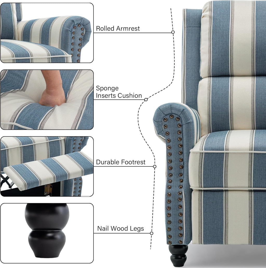 Recliner Chair, Modern Pushback Armchair with Adjustable Backrest & Footrest for Bedroom, Living Room, Navy Blue Stripe,Set of 1