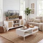 IDEALHOUSE Living Room Table Sets of 2, Includes 62" Rattan TV Stand Storage Cabinet for 65" TV, Farmhouse Coffee Table with Storage Shelf for Bedroom