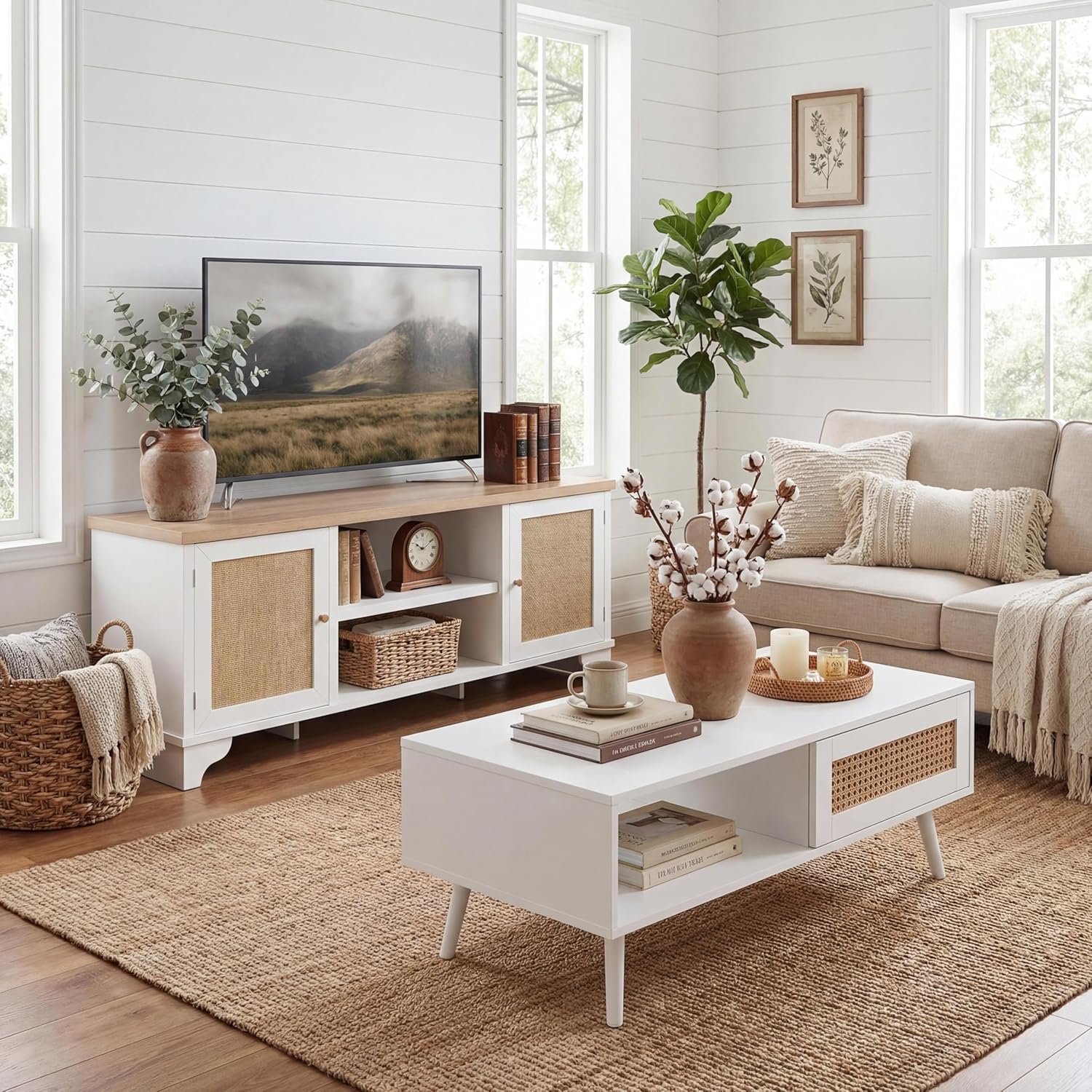 IDEALHOUSE Living Room Table Sets of 2, Includes 62" Rattan TV Stand Storage Cabinet for 65" TV, Farmhouse Coffee Table with Storage Shelf for Bedroom