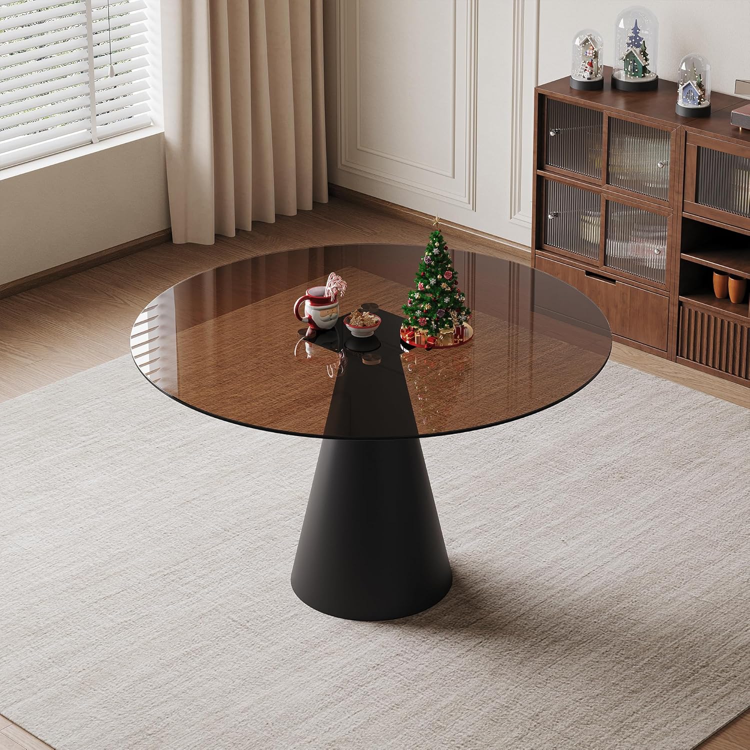35 Inch Round Glass Dining Table, 8mm Tempered Glass Tabletop with Carbon Steel Legs, Dark Brown Modern Small Dining Table for 2-4 People, Perfect for Apartment, Restaurant, Cafe and Meeting Room