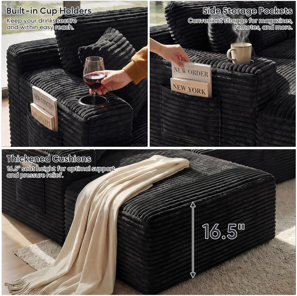 133" U-Shaped Modular Sectional Sofa, Corduroy Couch, Black | Cloud Luxury Comfort, Couches for Living Room, Storage & Cupholder, Oversized Sofa, Deep Seat, No Assembly Required
