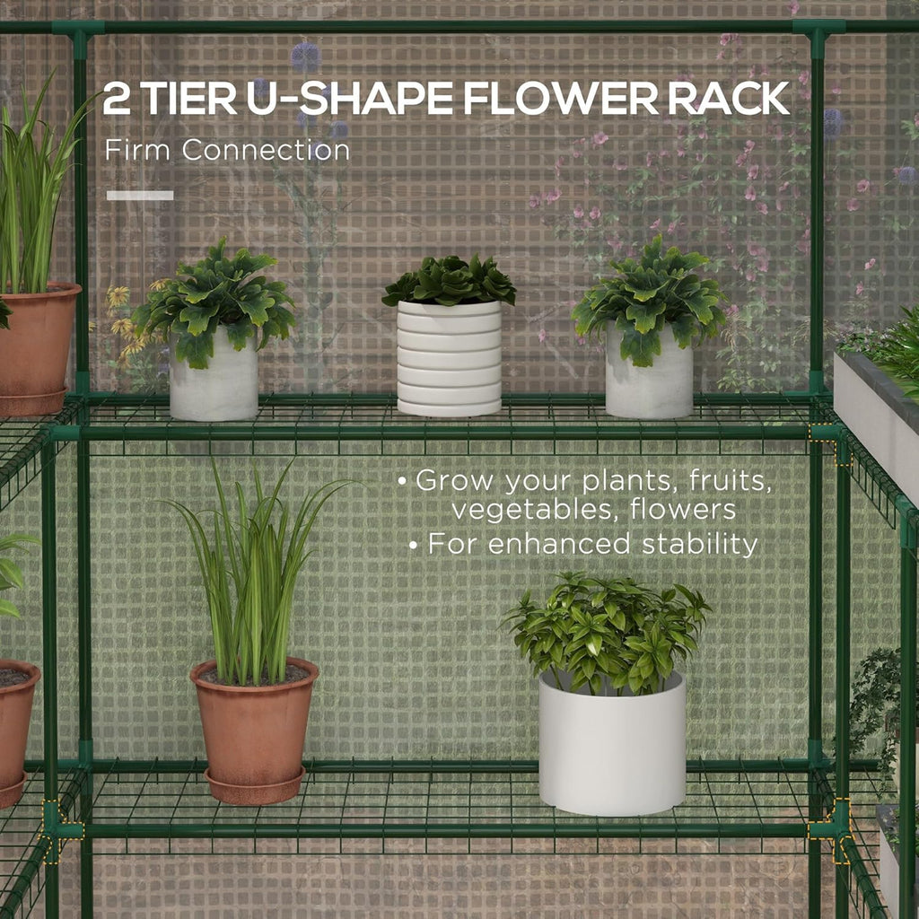 Outsunny 4.6' x 4.7' Portable Greenhouse, Water/UV Resistant Walk-in Small Outdoor Green House with 2 Tier U-Shaped Flower Rack Shelves, Roll Up Door & Windows, White