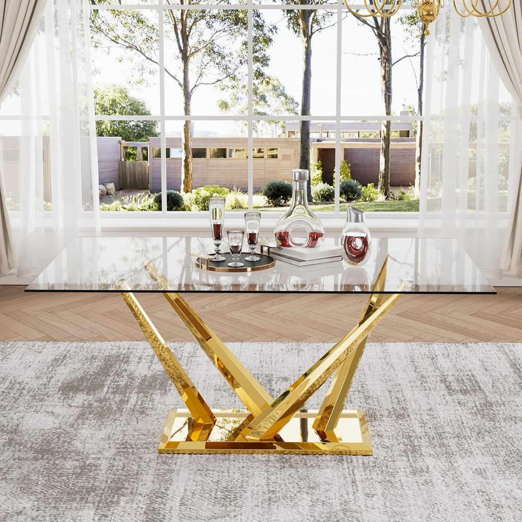 63'' Rectangular Glass Dining Table for 4-6, Luxury Kitchen Table with Tempered Glass and Aesthetic Gold Stainless Steel Base, Modern Dinner Table for Home, Apartment