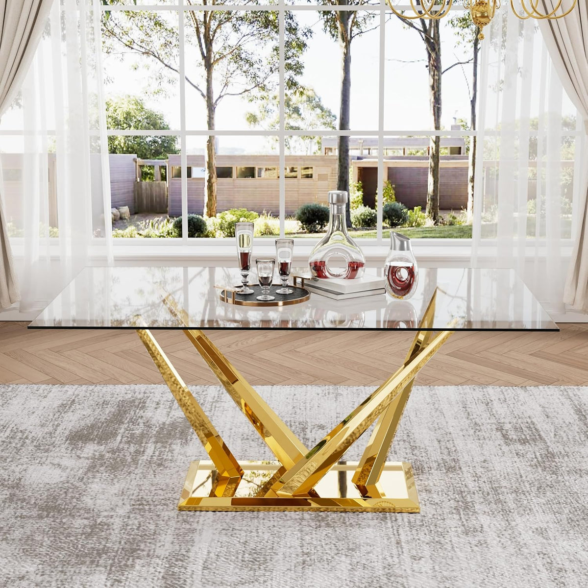 63'' Rectangular Glass Dining Table for 4-6, Luxury Kitchen Table with Tempered Glass and Aesthetic Gold Stainless Steel Base, Modern Dinner Table for Home, Apartment