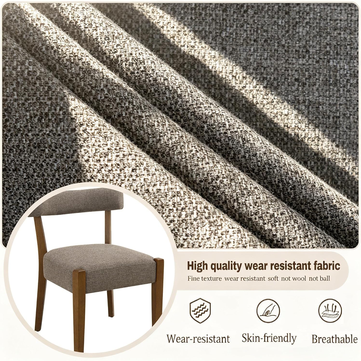 RNKSFX Upholstered Dining Chairs Set of 6, Walnut Wooden Kitchen & Dining Room Chairs, Mid Century Modern Fabric Farmhouse Dining Chairs Oversized Sturdy Rounded Chairs Curved Back, Tan Brown