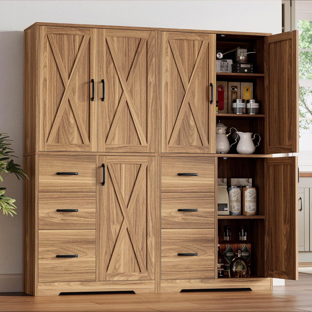 IRONCK Pantry Cabinet, Storage Cabinet with 3 Door & Drawer, Oak Brown | Adjustable Shelf. 67.5inch Tall. 5 Tier Freestanding. 150 lbs Per Shelf. Farmhouse Style. FSC-certified Wood. Anti-tip.