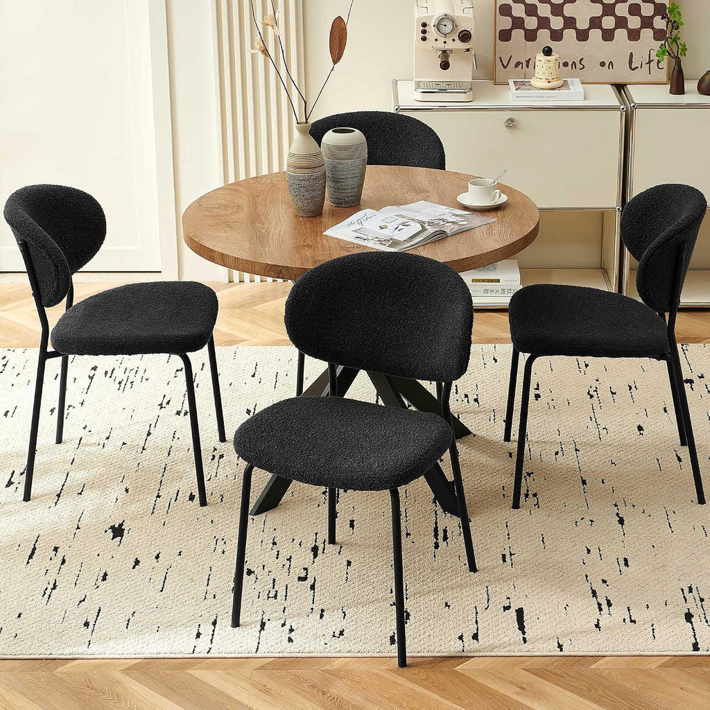 Homedot Kitchen Dining Table Set for 4, Modern Compact Round Dining Breakfast Dinner Table Chairs Set for Apartment Dining Room, Rustic Brown Table with Black Boucle Dining Side Chairs Set
