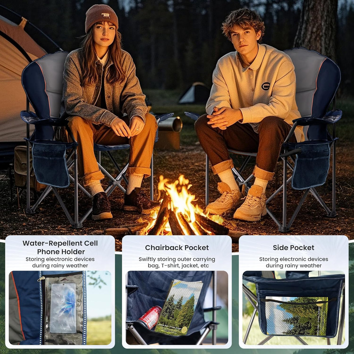 Oversized Camping Chair Heavy Duty- Portable Folding Chair, Cup Holder & Waterproof Phone Case for Adults, Beach, Hiking, Backyard (Blue & Gray, 2 PCS)