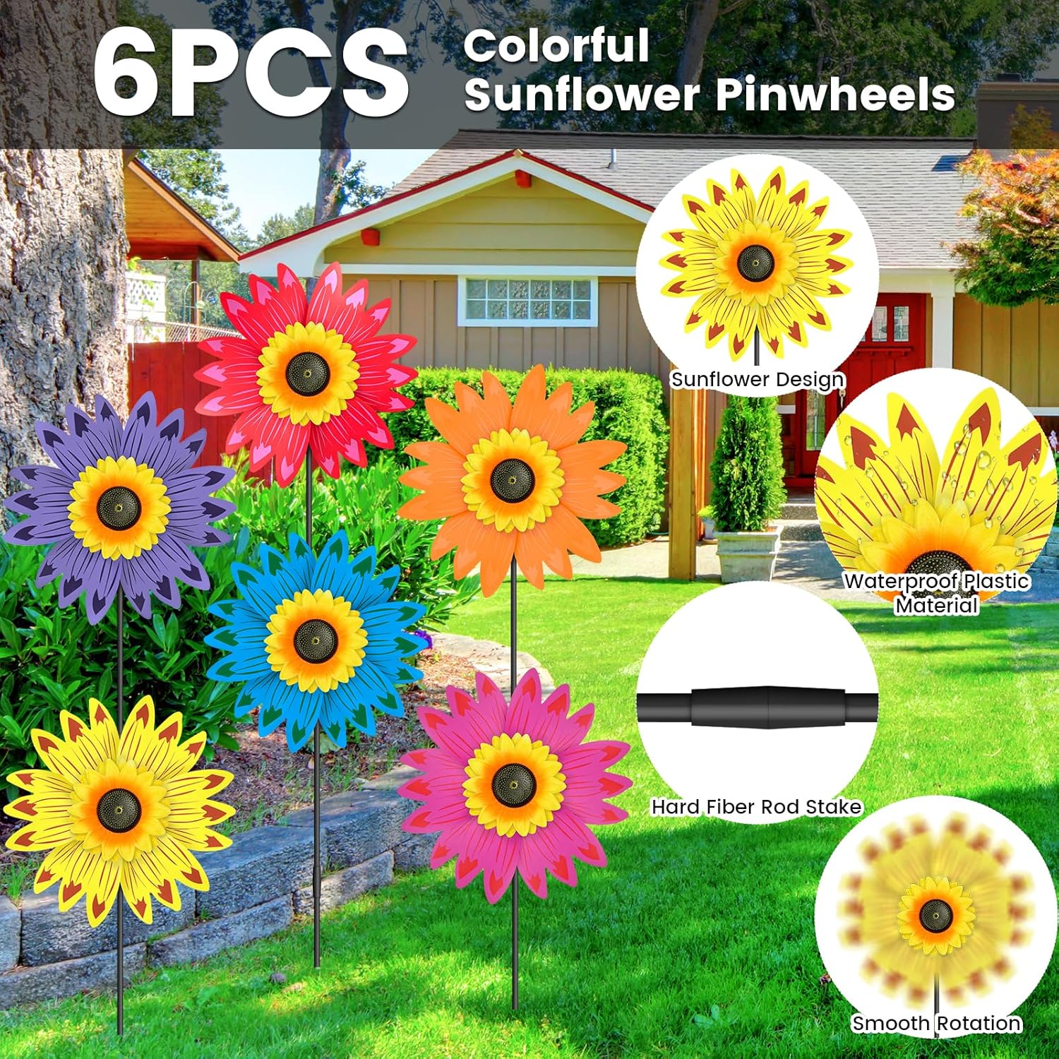 6PCS Sunflower Wind Spinners with Stakes 14" W x 29" H Wind Spinners Lawn Pinwheel Sunflower Windmill Outdoor Multicolor Pinwheels for Yard Decoration