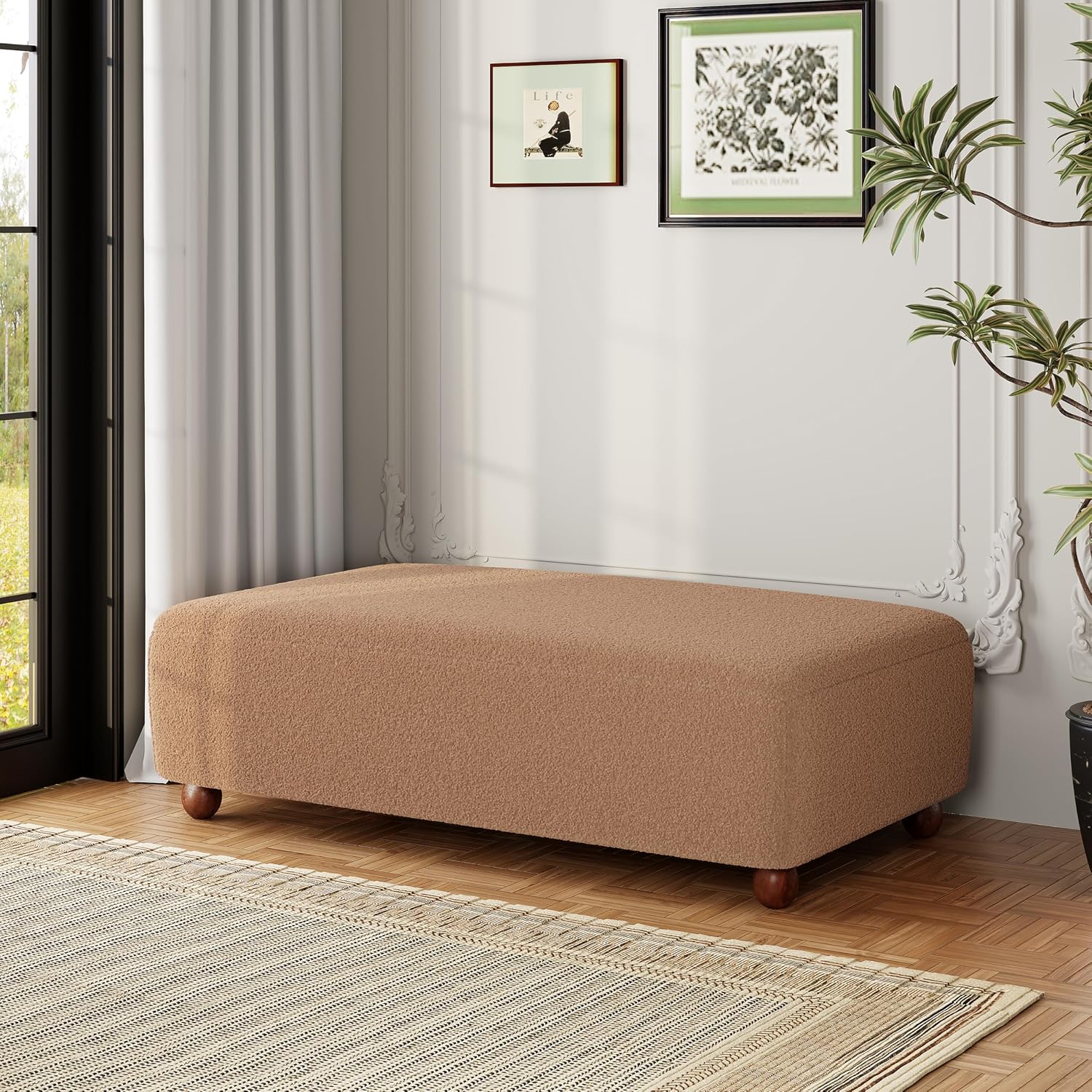 Christopher Knight Home Rika 48" Comfy Boucle Upholstered Bedroom Bench, Ottoman Bench with Rounded Wooden Legs, Spacious Seating, Long Footstool for Living Room, Entryway Bench, Tan Brown