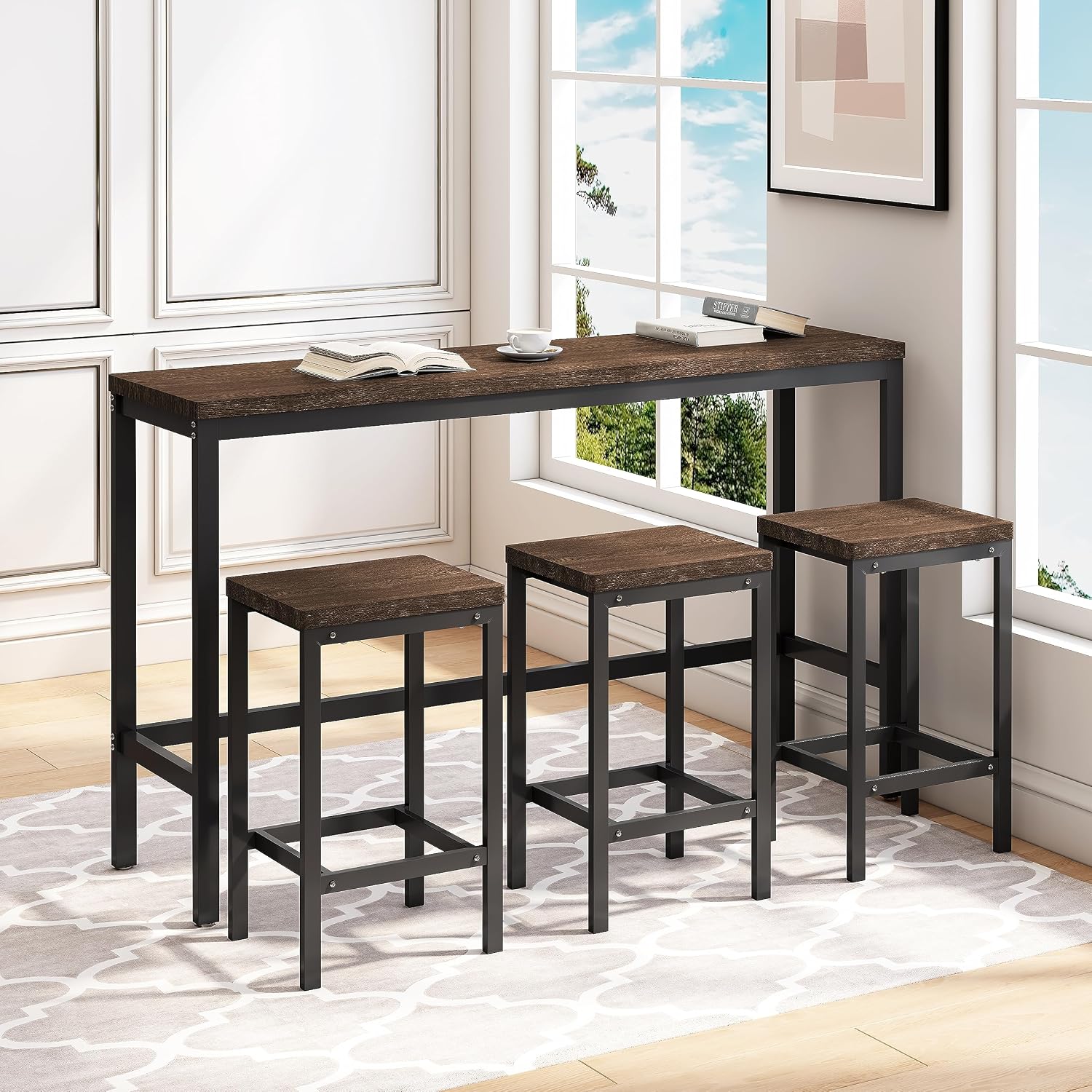 Bar Table and Chairs Set, 60.24” Long Pub Table with 3 Stools, High Top Desk Kitchen Dining Desk, 4-Piece Breakfast Table Set for Living Room Apartment Small Space (Dark Brown)