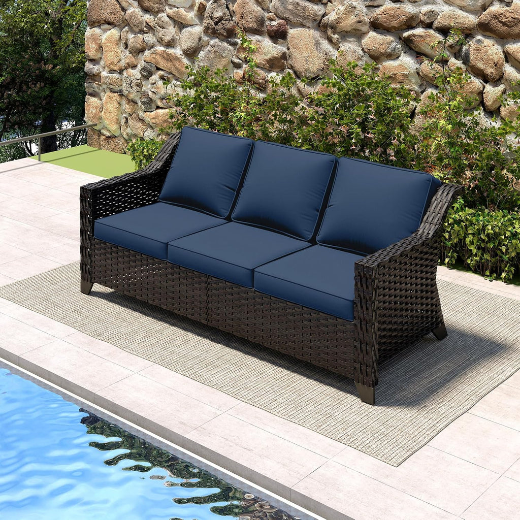 Outdoor Couch, Wicker Outdoor Conversation Set | Patio Couch with Olefin Removable Cushion, All-Weather Wicker Sofa with Deep Seat for Porch, Deck and Backyard, Blue