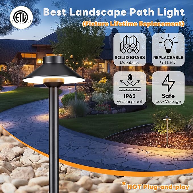 Brass Low Voltage Path Lights - 12V LED Landscaping Pathway Lamp IP65 Waterproof, Wired Walkway Lighting Outdoor, Mushroom-top Black for Lawn Backyard Garden G4 Bulb Not Included (8 Pack)