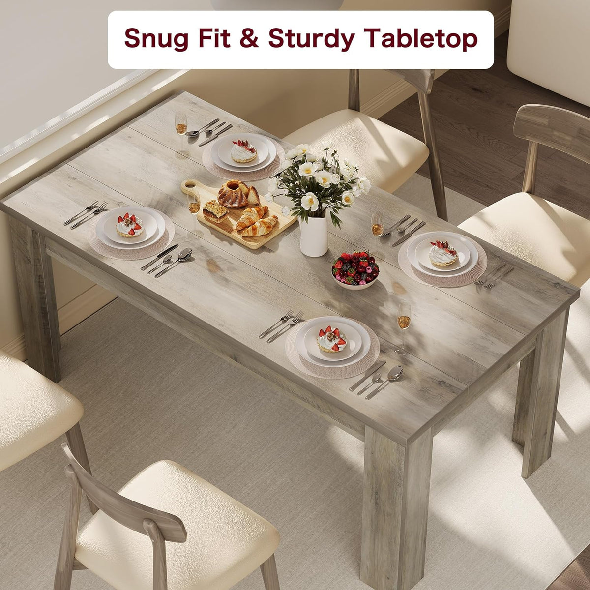 CABIHOME 63" Rectangular Dining Table for 4-6, Farmhouse Large Kitchen Table, Sturdy Frame, 4 Triangular Stable Legs, Thickened Tabletop, Ideal for Apartment, Dining Room, Small Space, Retro Gray