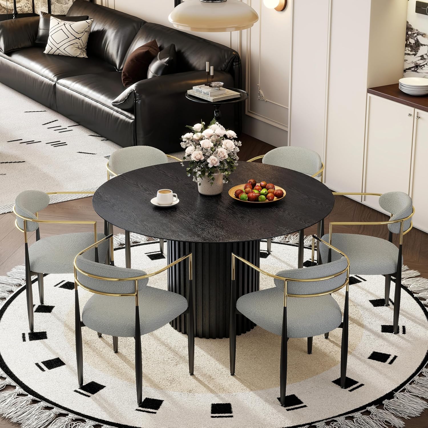Baysitone Dining Chairs Set of 6 Mid-Century Modern Upholstered Boucle Dining Room Chairs Open Back Curved Backrest Black Metal Legs Gold Armchairs for Kitchen Living Room, Gray(Only Chairs)