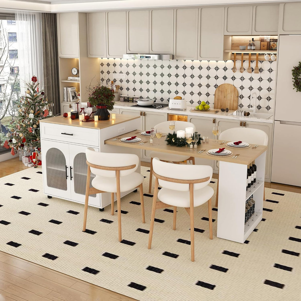 80" Kitchen Island with Extendable Dining Table, Marble-Grain Countertop with Power Outlet, Rolling Kitchen Cart with Storage Cabinet & 2 Drawers for Dining Room House Bar,White