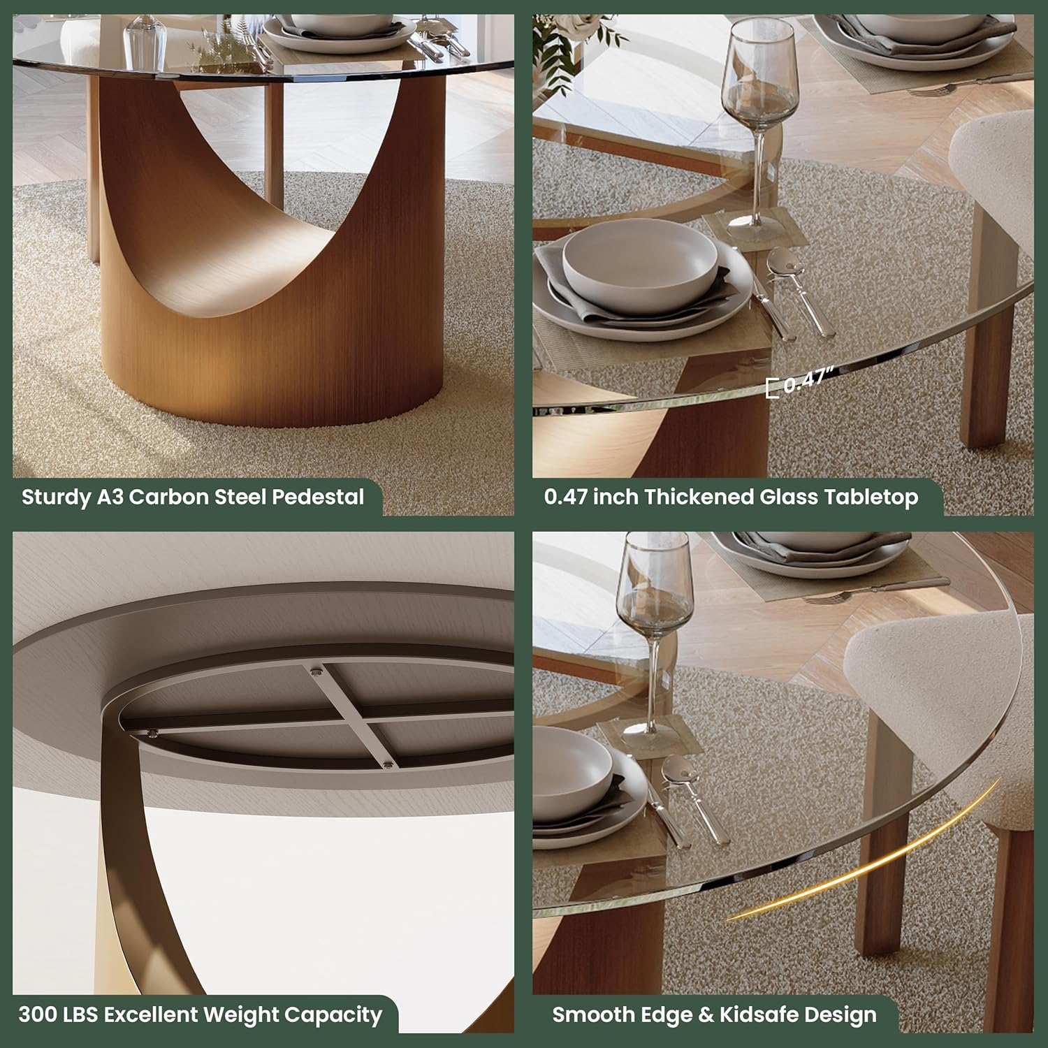 POVISON Round Dining Table for 4-6, 47" Glass Tabletop Dining Table with Bronze Carbon Steel Pedestal, Modern Dining Room Table for Kitchen, Living Room (Table Only)