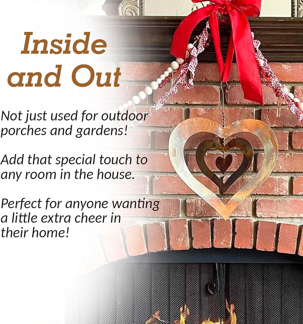 Happy Gardens Hanging Heart Ornament Spinner with a Flamed Finish | Outdoor Heart Decorations for Valentine's Day, Mother's Day | Garden and Backyard Gifts