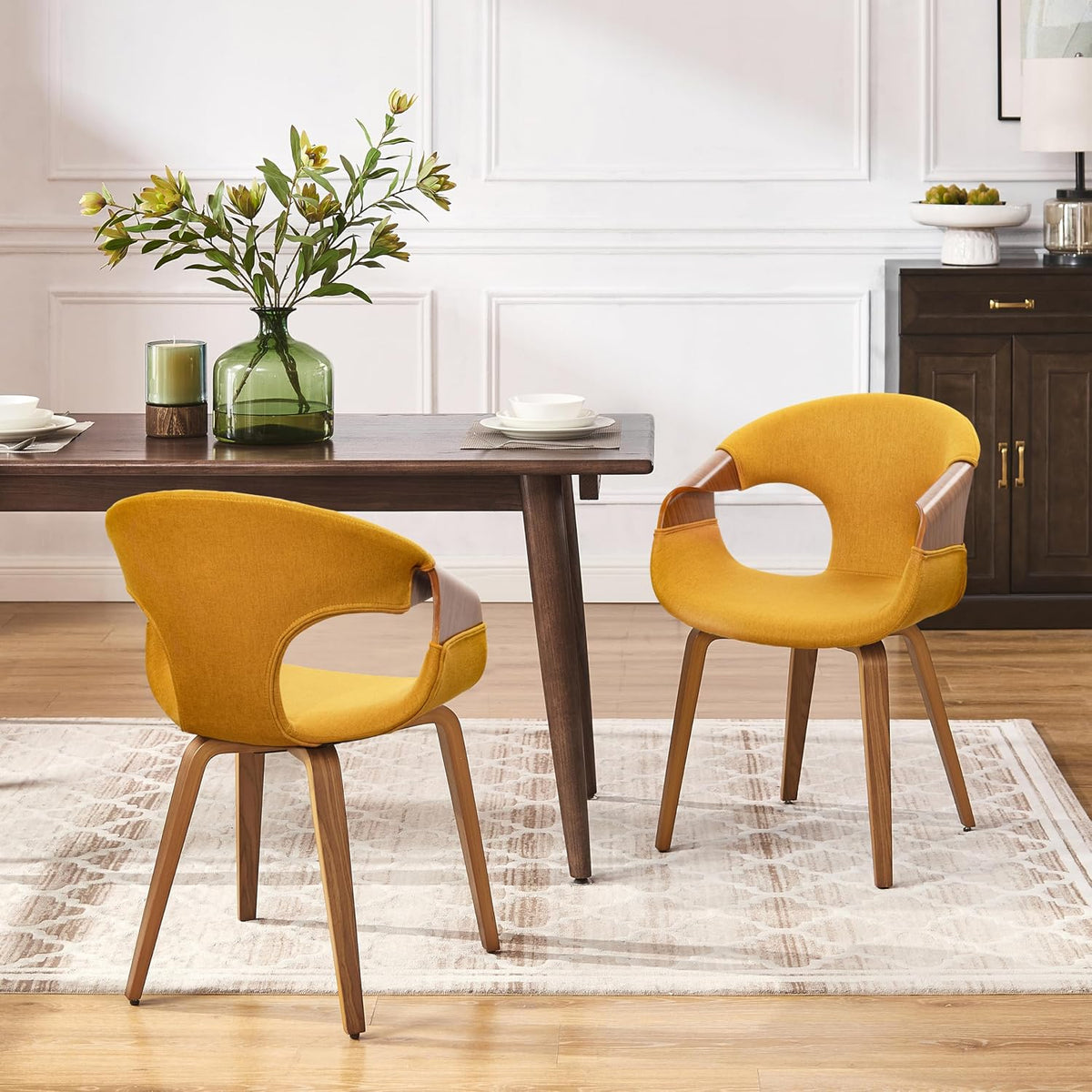 Art Leon Mid Century Modern Dining Chairs - Set of 2 Kitchen Dining Room Chairs, Fabric Accent Chairs with Wood Legs, Walnut Bentwood, Yellow