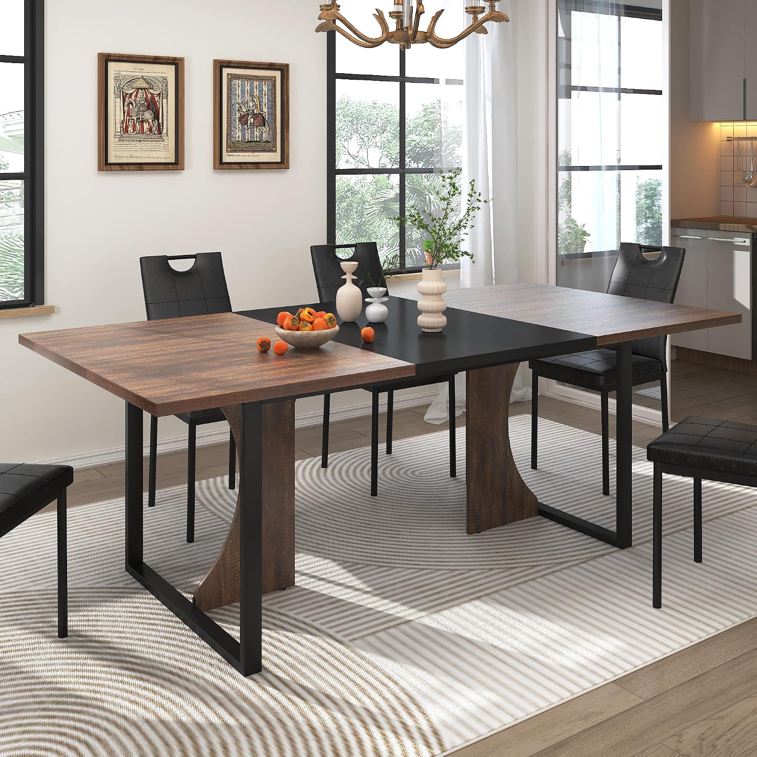 70IN Large Dining Table for 4 5 6 People,Farmhouse Kitchen Dinner Table W/Brown Wood Waterpoof Tabletop,Rectangular Family 6FT Dining Tables w/Adjustable Leg for Office Home Living Dining Room