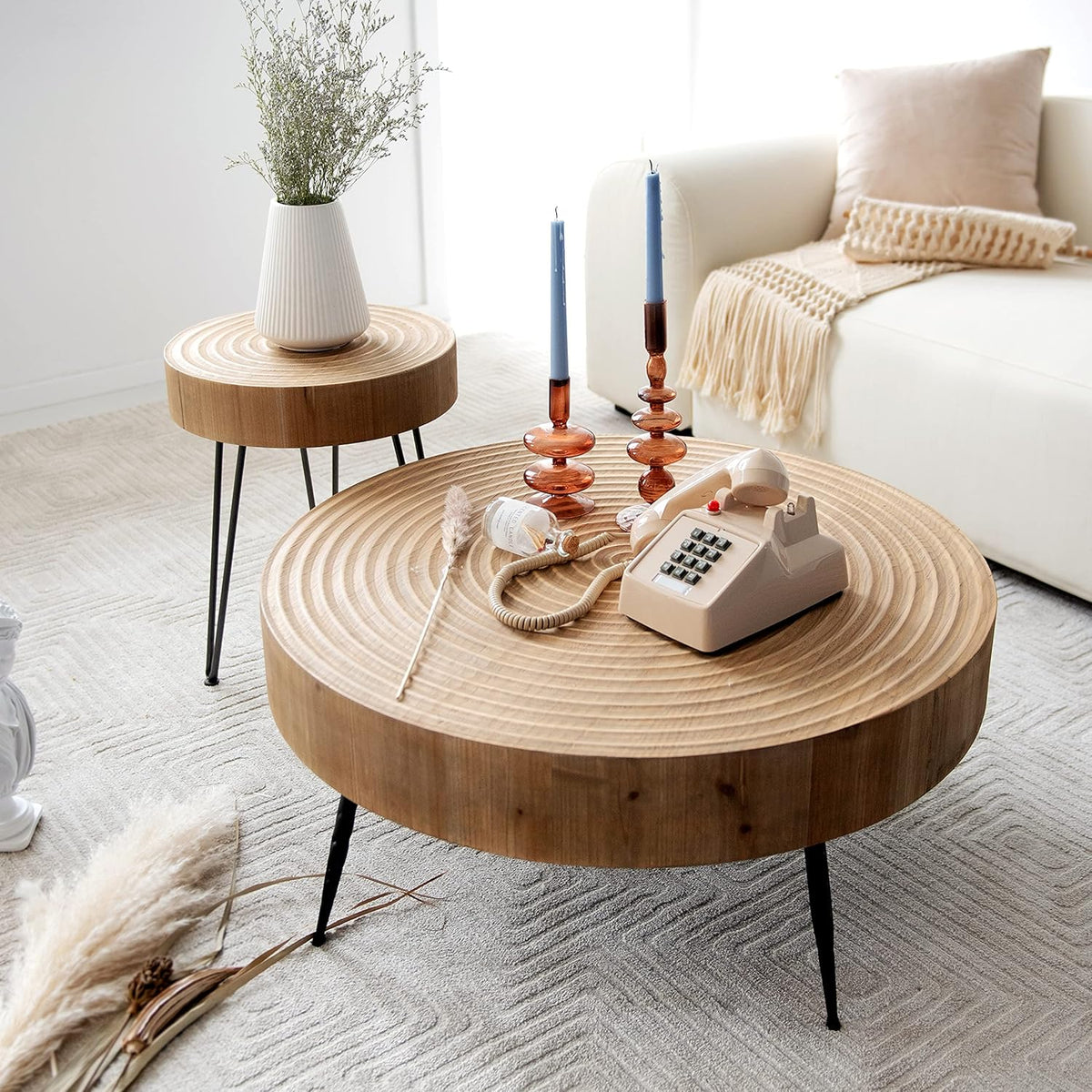 2-Piece Boho Farmhouse Nesting Table with Handcrafted Wood Ring Motif, Round Natural Finish Coffee Table Set for Living Room, French Country Decor, Round