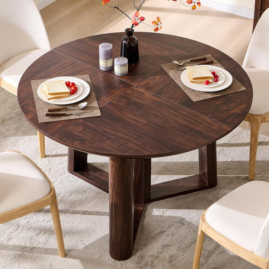 OKD 47" Dining Table for 4-6, Round Dining Room Table with Triangular Structure Pedestal Stable Base, Curved Table Edge, Circle Kitchen Tables for Dining Room, Kitchen, Dark Walnut