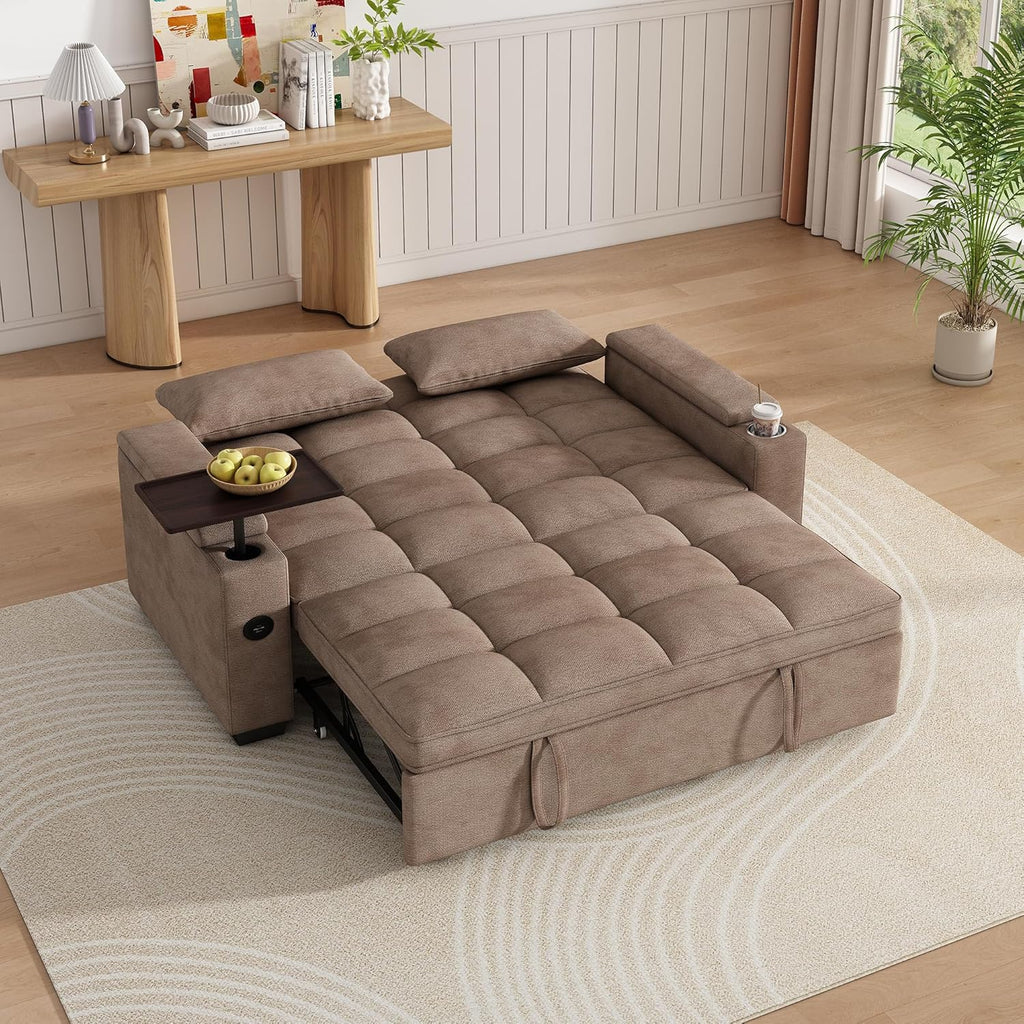 KEIKI 65" 3-in-1 Pull-Out Sofa Bed, Compact Convertible Sleeper Couch with Rotating Side Table, USB Charging Ports, Storage Armrests & Adjustable Comfort for Guests & Small Living Rooms
