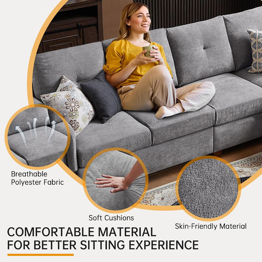 108'' Convertible Sectional Sofa with Storage, 4 Seat L Shaped Couch with Chaise and Cup Holder, Modern Microfiber Fabric Sofas Couches for Living Room, Light Grey