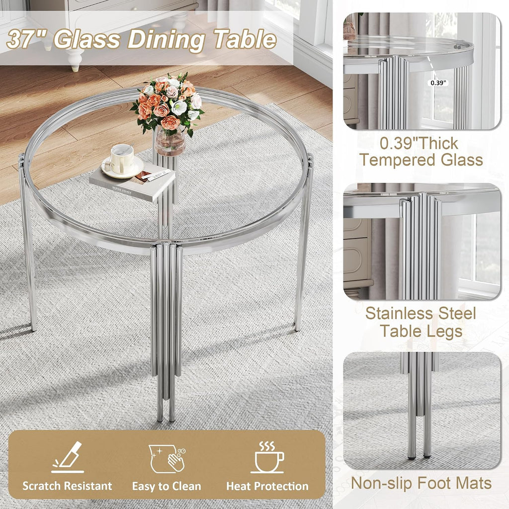 Luxury Round Glass Silver Dining Table Set for 4, 5-Piece Modern Kitchen Table Set with 4 Black Velvet Chairs for Kitchen Dining Room Apartment